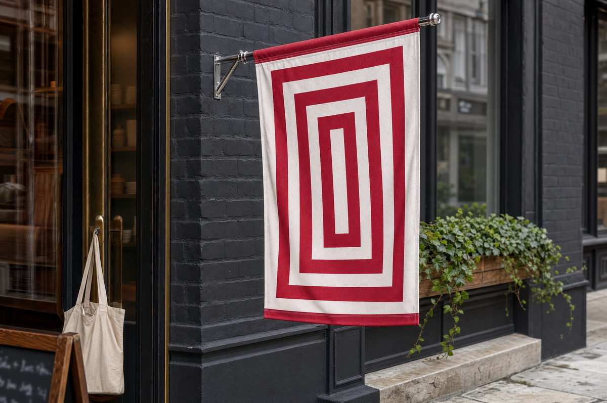Drapeau sur mesure avec votre propre design sur une façade — impression quadrichromie premium