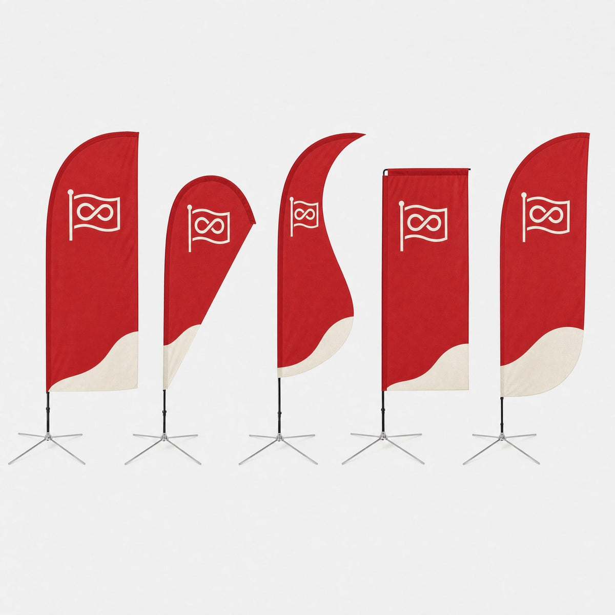 Les formes de beach flag côte à côte : Straight, Drop, Wave, Square et Convex, chacune sur une base en croix
