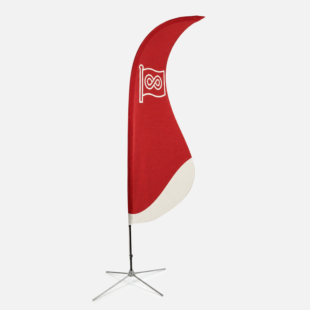 Beachflag Wave avec votre propre design sur une base en croix, avec sa courbe en S caractéristique