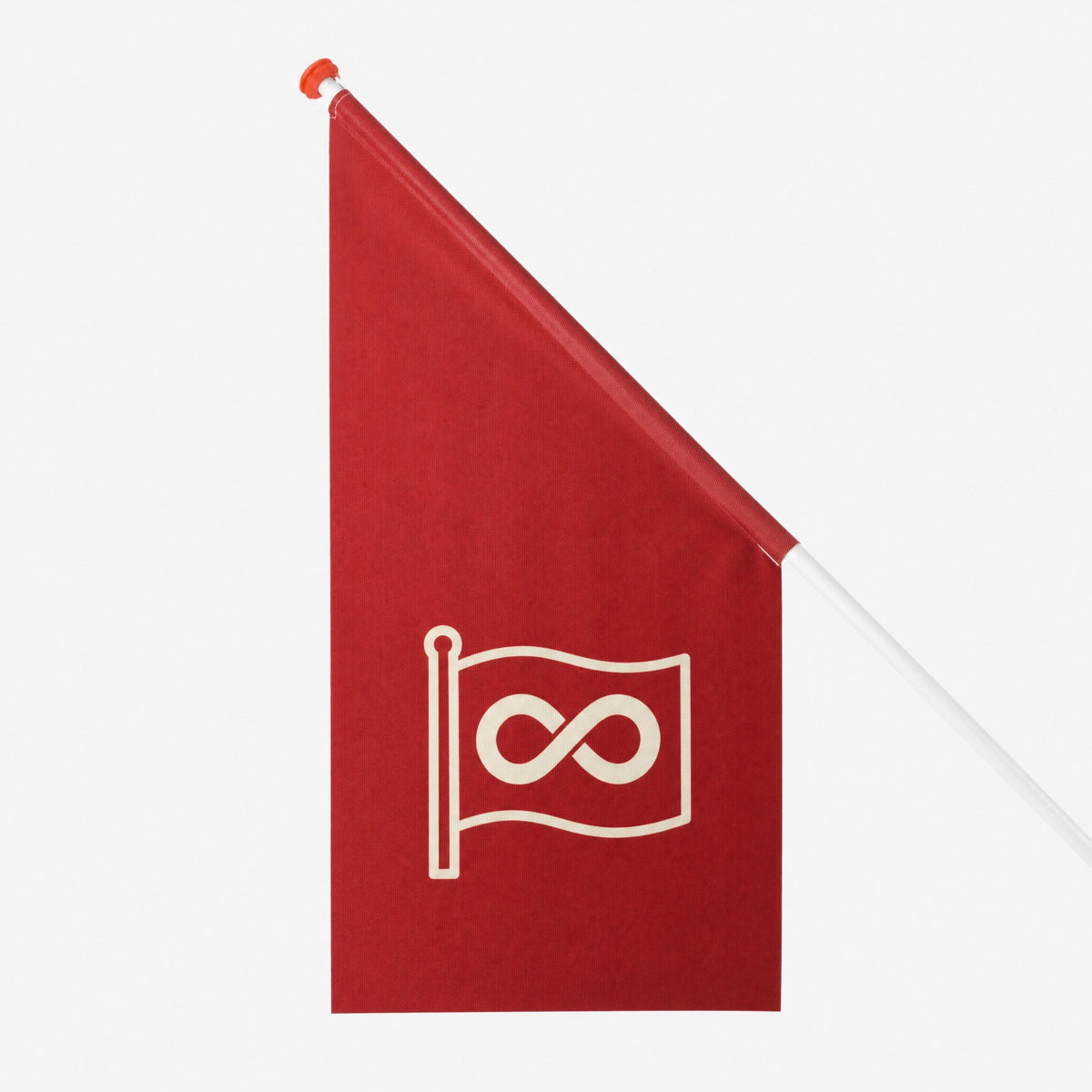 Drapeau kiosque recto-verso avec votre propre design vu de côté, avec l'embout orange sur la hampe