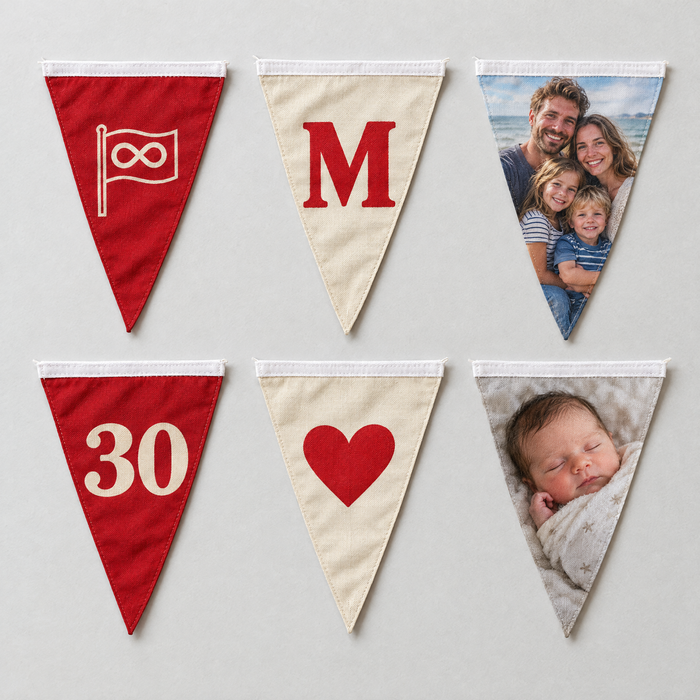 Fanions de la guirlande un par un : un logo, la lettre M, une photo de famille, le chiffre 30, un cœur et une photo de bébé