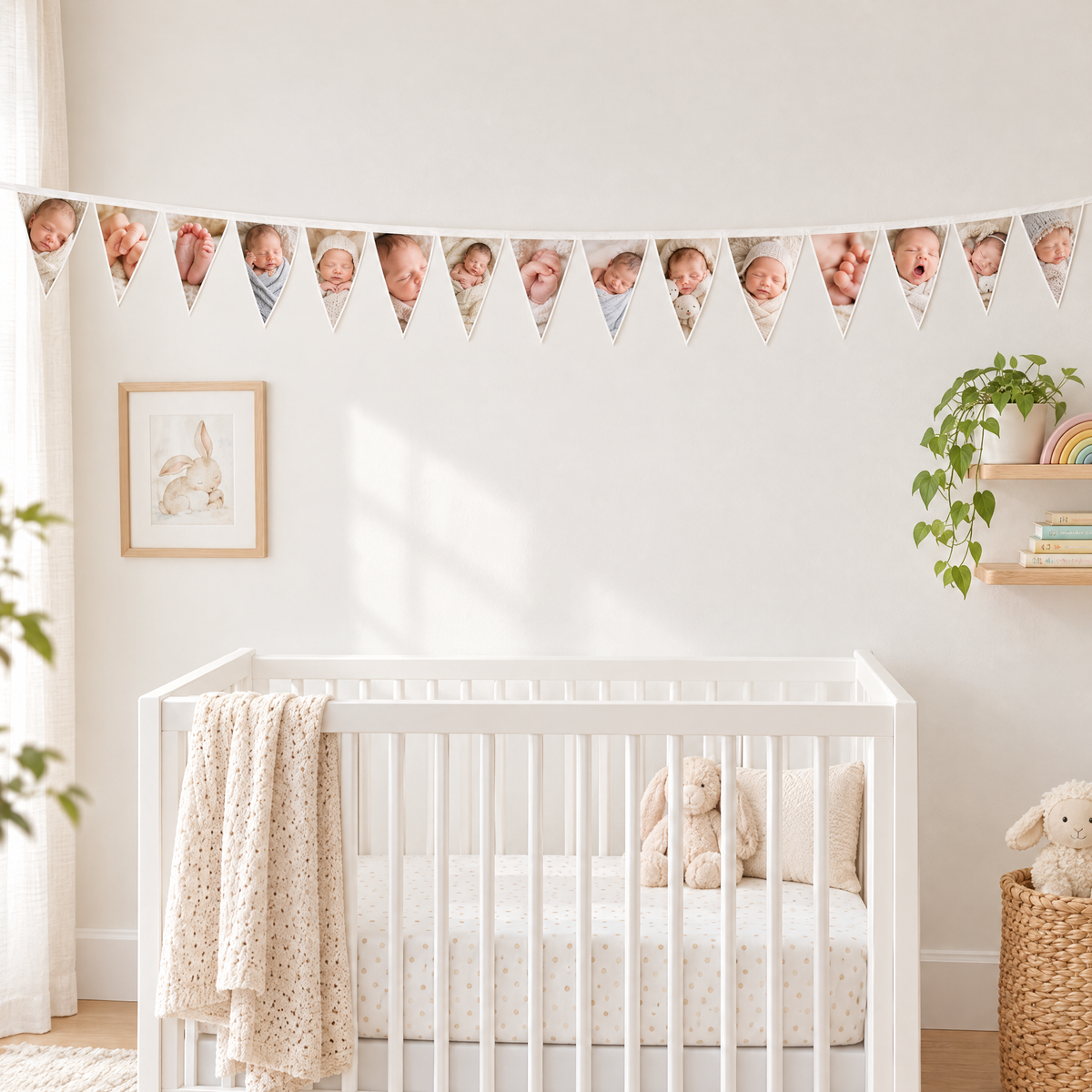 Guirlande avec votre propre photo sur chaque fanion : photos de bébé au-dessus d'un lit