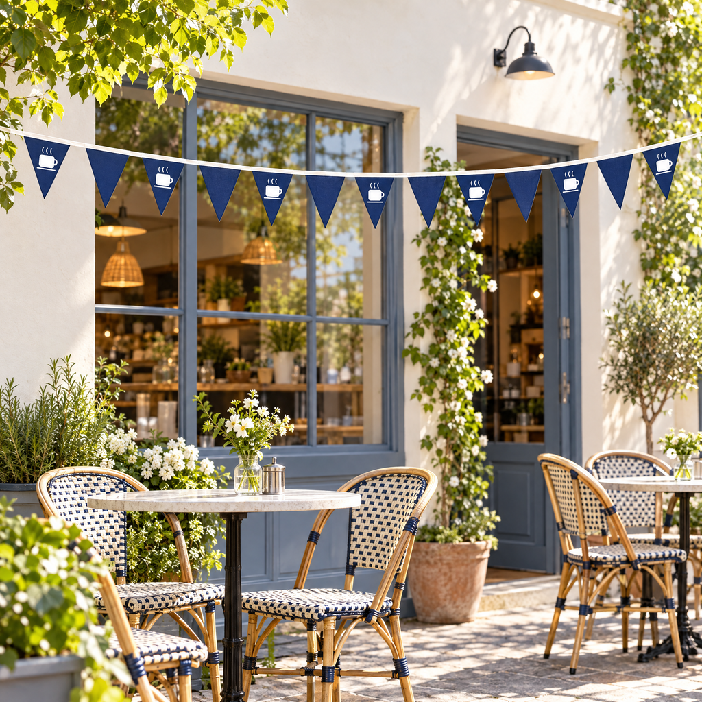 Guirlande avec logo pour les entreprises : fanions bleus avec tasses de café sur une terrasse