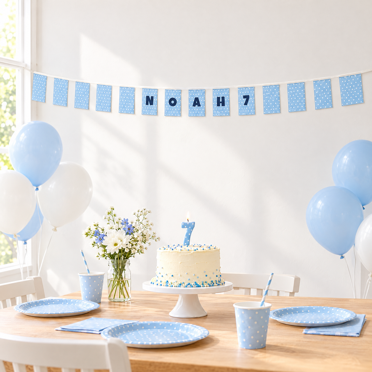 Guirlande à drapeaux rectangulaires avec NOAH 7 au-dessus d'une table d'anniversaire